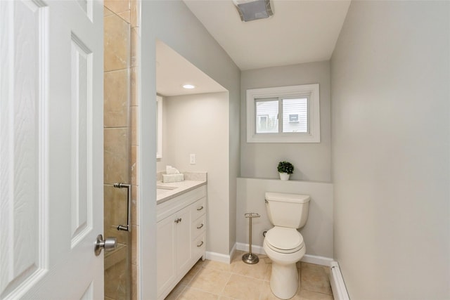 24 Hickory St, Deer Park, NY 11729 - full bathroom featuring vanity, a baseboard radiator, tile patterned flooring, and a tile shower