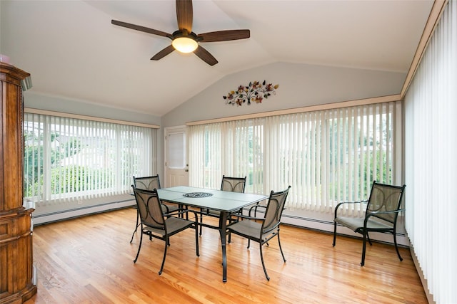 24 Hickory St, Deer Park, NY 11729 - dining area featuring a baseboard heating unit, lofted ceiling, ceiling fan, a baseboard radiator, and light wood-type flooring