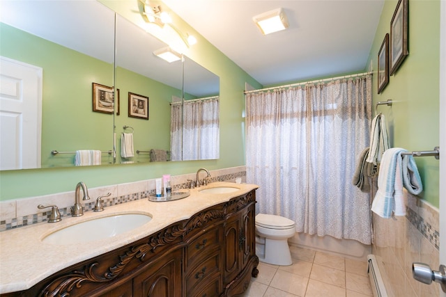 24 Hickory St, Deer Park, NY 11729 - bathroom featuring a baseboard radiator, double vanity, tile patterned floors, curtained shower, and tile walls