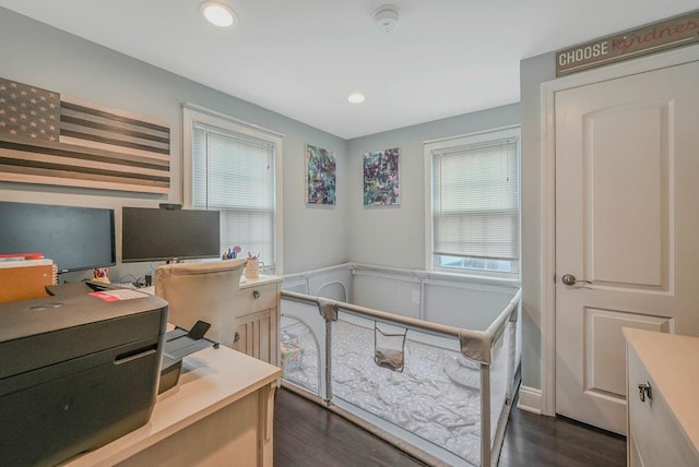66 Eimer St, Patchogue, NY 11772 - office area featuring dark wood-style floors and recessed lighting