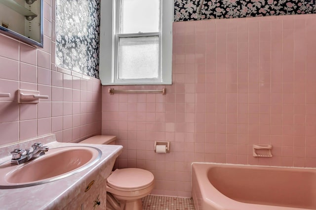 13-19 126th St, College Point, NY 11356 - bathroom featuring tile walls, a tub to relax in, tile patterned floors, vanity, and a shower