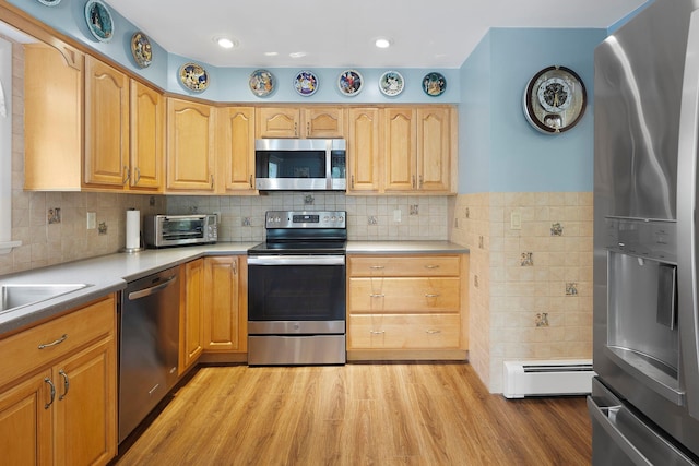 16 Mountain View Dr, Holmes, NY 12531 - kitchen featuring stainless steel appliances, a baseboard heating unit, light wood-style floors, decorative backsplash, and light countertops