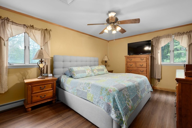 16 Mountain View Dr, Holmes, NY 12531 - bedroom featuring multiple windows, a baseboard radiator, wood finished floors, ornamental molding, and ceiling fan