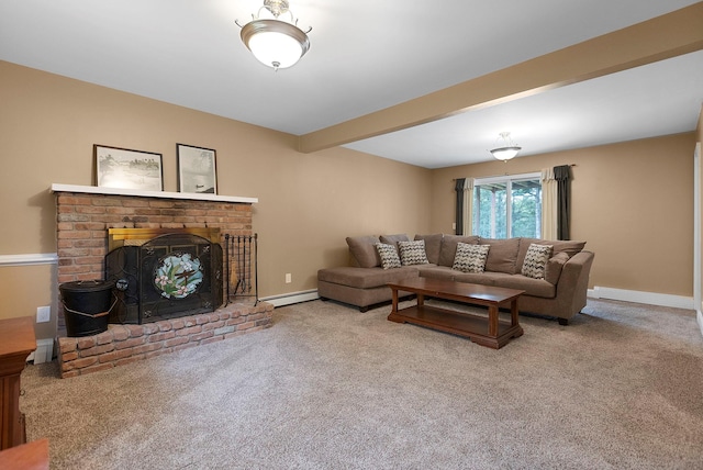16 Mountain View Dr, Holmes, NY 12531 - living area with a fireplace, carpet floors, and a baseboard heating unit