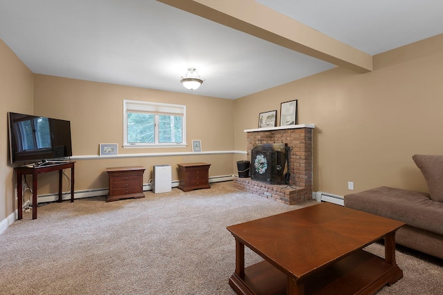 16 Mountain View Dr, Holmes, NY 12531 - carpeted living area featuring a baseboard heating unit, a fireplace, and baseboard heating