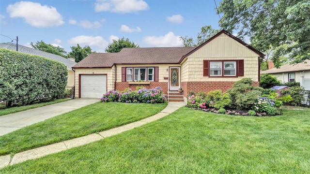 62 Harold Ave, Hempstead, NY 11550 - view of front of home featuring brick siding, an attached garage, concrete driveway, and a front lawn