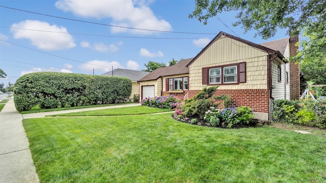 62 Harold Ave, Hempstead, NY 11550 - view of front of house featuring brick siding, a garage, a front lawn, a chimney, and driveway