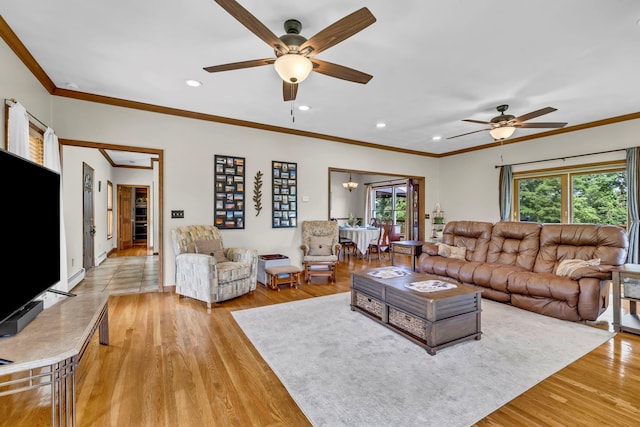 331 Ridge Rd, Campbell Hall, NY 10916 - living room with a ceiling fan, light wood-style flooring, recessed lighting, and ornamental molding