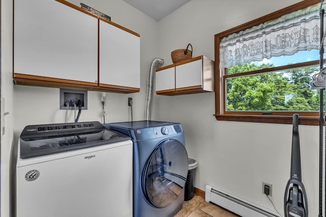 331 Ridge Rd, Campbell Hall, NY 10916 - laundry room featuring cabinet space, baseboard heating, washer and dryer, and light tile patterned floors