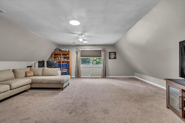 331 Ridge Rd, Campbell Hall, NY 10916 - living room featuring ceiling fan, light carpet, lofted ceiling, and a baseboard radiator