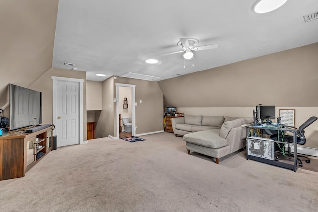 331 Ridge Rd, Campbell Hall, NY 10916 - living room featuring ceiling fan, carpet floors, attic access, an office area, and vaulted ceiling