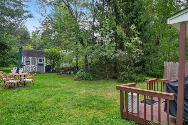 11 Apache Ln, Ferndale, NY 12734 - view of green lawn with a storage unit, a deck, and outdoor dining area