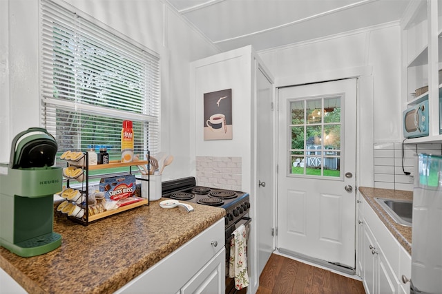 11 Apache Ln, Ferndale, NY 12734 - kitchen with black electric range oven, tasteful backsplash, dark wood finished floors, white cabinets, and stainless steel microwave