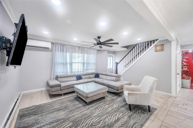 45 Potter Ln, Levittown, NY 11756 - living room with a baseboard heating unit, ornamental molding, stairs, ceiling fan, and a wall mounted AC