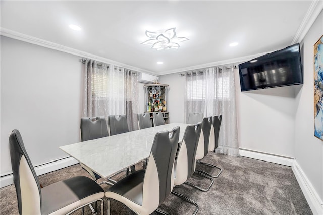 45 Potter Ln, Levittown, NY 11756 - dining space featuring an AC wall unit, a baseboard heating unit, carpet floors, crown molding, and recessed lighting