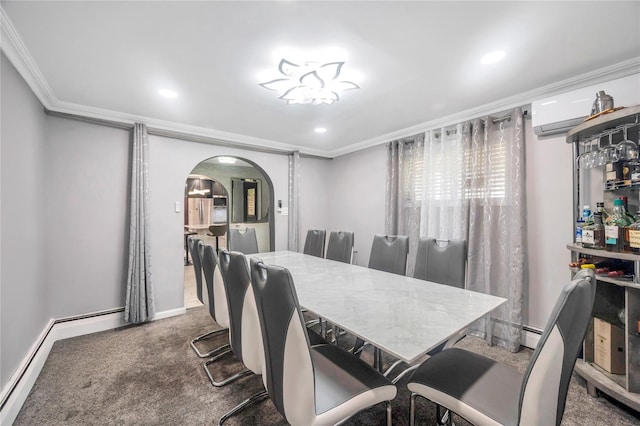 45 Potter Ln, Levittown, NY 11756 - dining space with arched walkways, ornamental molding, carpet flooring, and recessed lighting