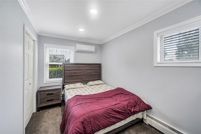 45 Potter Ln, Levittown, NY 11756 - bedroom with baseboard heating, a wall mounted air conditioner, crown molding, carpet flooring, and recessed lighting