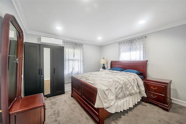 45 Potter Ln, Levittown, NY 11756 - bedroom featuring an AC wall unit, crown molding, carpet floors, and recessed lighting