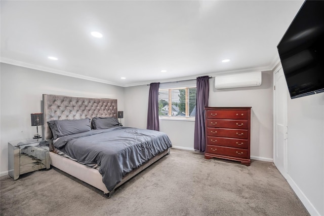 45 Potter Ln, Levittown, NY 11756 - carpeted bedroom featuring ornamental molding, an AC wall unit, and recessed lighting