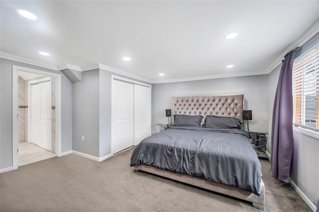 45 Potter Ln, Levittown, NY 11756 - carpeted bedroom with a closet, recessed lighting, ornamental molding, and ensuite bath