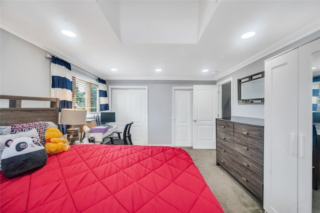 45 Potter Ln, Levittown, NY 11756 - bedroom with two closets, ornamental molding, recessed lighting, and carpet