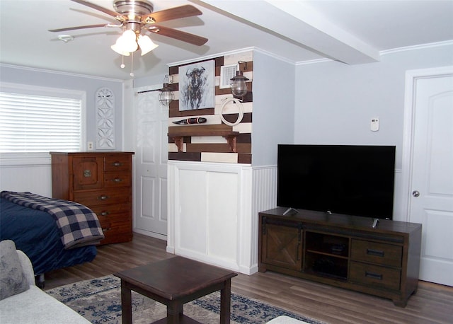 8 Mannes St, Ronkonkoma, NY 11779 - living area featuring ceiling fan, wood finished floors, and ornamental molding