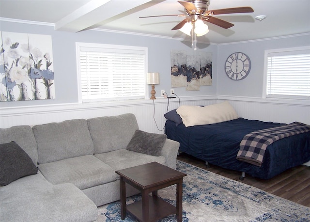 8 Mannes St, Ronkonkoma, NY 11779 - bedroom with wood finished floors, a wainscoted wall, crown molding, and ceiling fan
