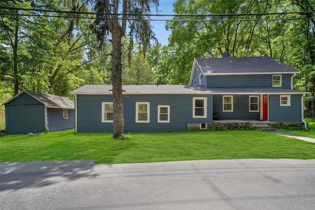 123 Newport Bridge Rd, Warwick, NY 10990 - view of front of house featuring a porch, a front yard, roof with shingles, and a storage shed