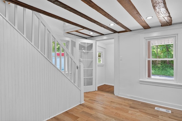 123 Newport Bridge Rd, Warwick, NY 10990 - entryway featuring light wood-type flooring, beamed ceiling, healthy amount of natural light, stairs, and recessed lighting