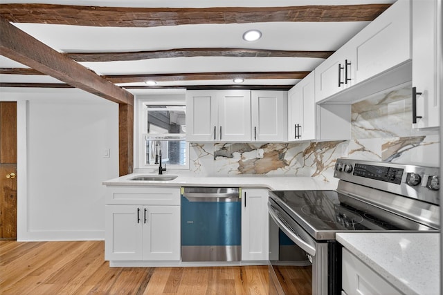 123 Newport Bridge Rd, Warwick, NY 10990 - kitchen with dishwasher, electric stove, beamed ceiling, white cabinets, and tasteful backsplash