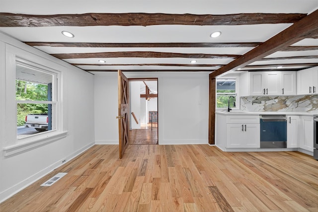 123 Newport Bridge Rd, Warwick, NY 10990 - bar featuring dishwasher, light wood-style floors, tasteful backsplash, beam ceiling, and recessed lighting