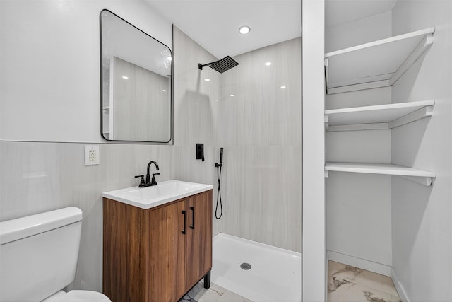123 Newport Bridge Rd, Warwick, NY 10990 - bathroom featuring marble finish floors, a walk in shower, vanity, recessed lighting, and tile walls