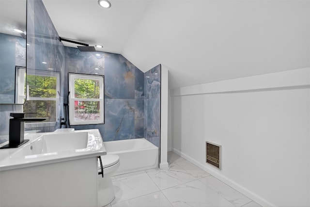 123 Newport Bridge Rd, Warwick, NY 10990 - bathroom featuring vanity, marble finish floors, a bath, lofted ceiling, and recessed lighting