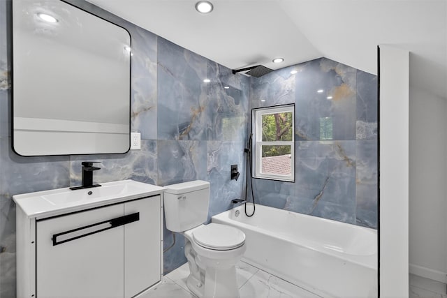 123 Newport Bridge Rd, Warwick, NY 10990 - full bathroom with vanity,  shower combination, tile walls, marble finish flooring, and recessed lighting