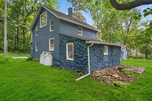 123 Newport Bridge Rd, Warwick, NY 10990 - view of side of property with a chimney, a yard, and stone siding
