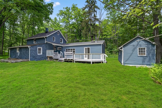 123 Newport Bridge Rd, Warwick, NY 10990 - rear view of house with a deck, a yard, a chimney, and view of scattered trees