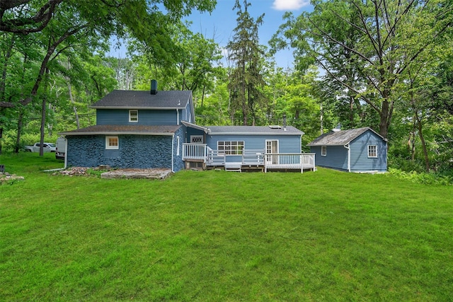 123 Newport Bridge Rd, Warwick, NY 10990 - rear view of house with a deck, a lawn, an outdoor structure, and a chimney