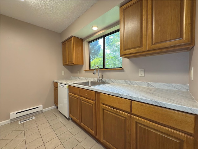 59 Meadowlark Ln, Woodridge, NY 12789 - kitchen featuring white dishwasher, brown cabinets, a baseboard heating unit, light countertops, and a textured ceiling