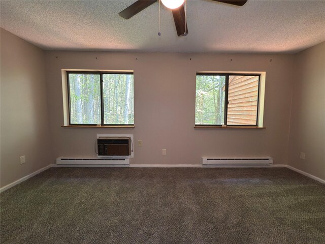 59 Meadowlark Ln, Woodridge, NY 12789 - empty room with baseboard heating, a wall unit AC, a textured ceiling, ceiling fan, and carpet floors