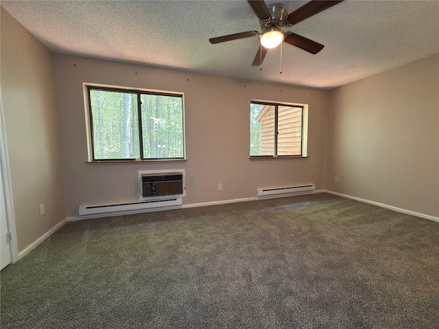 59 Meadowlark Ln, Woodridge, NY 12789 - carpeted empty room with baseboard heating, a textured ceiling, a wall mounted AC, and ceiling fan
