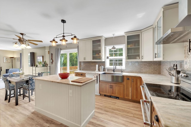 27 Balsam Rd, Hyde Park, NY 12538 - kitchen with stainless steel range with electric cooktop, wall chimney exhaust hood, dishwashing machine, and light wood-type flooring