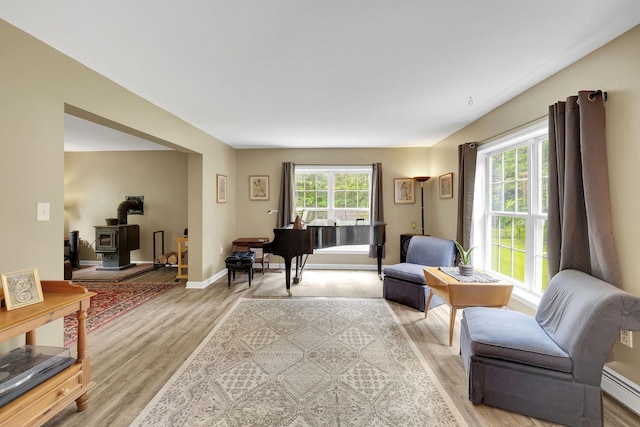 27 Balsam Rd, Hyde Park, NY 12538 - living room with a wood stove, light wood finished floors, and baseboard heating