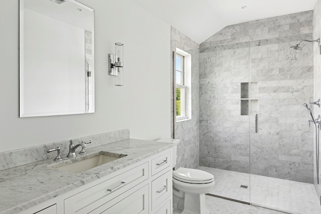1 Fiske Ave, Westhampton Beach, NY 11978 - full bathroom featuring vaulted ceiling, a shower stall, and vanity