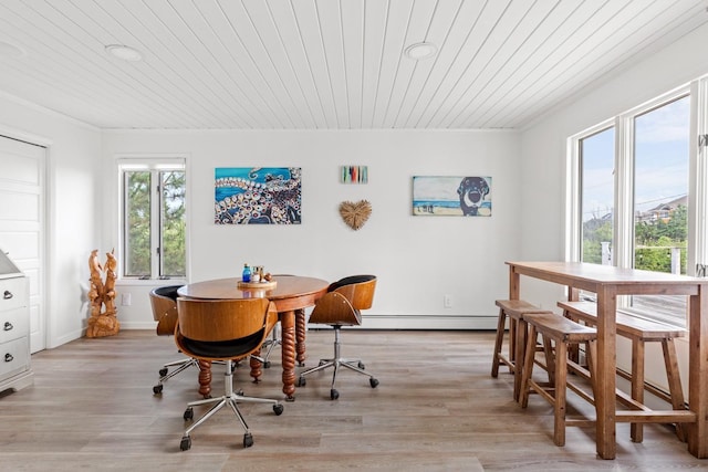 8 The Fairway, Oak Beach, NY 11702 - dining space with baseboard heating, wooden ceiling, ornamental molding, and light wood-style floors