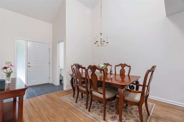 79 Meadow Way, Hopewell Junction, NY 12533 - dining space with wood finished floors, a chandelier, and high vaulted ceiling