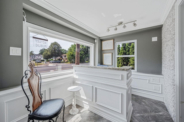 557 Newbridge Rd, East Meadow, NY 11554 - sitting room featuring a wainscoted wall, healthy amount of natural light, crown molding, a decorative wall, and rail lighting