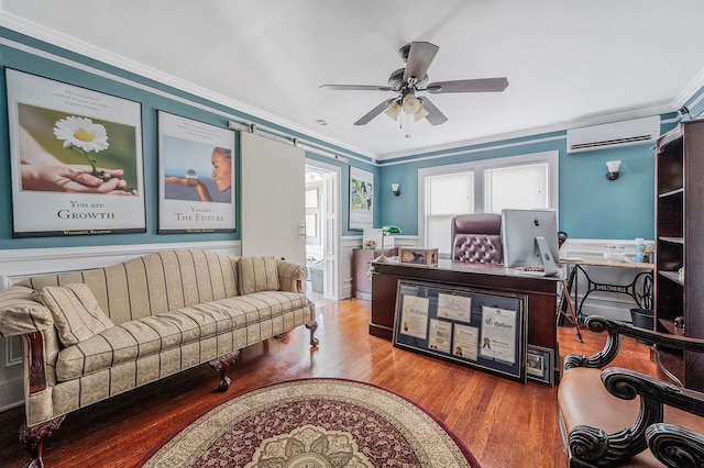 557 Newbridge Rd, East Meadow, NY 11554 - home office with a wall unit AC, crown molding, wood finished floors, and a ceiling fan