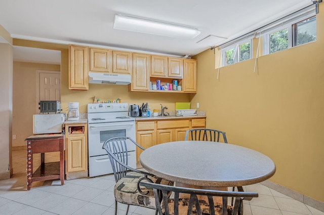 557 Newbridge Rd, East Meadow, NY 11554 - kitchen featuring white range with electric cooktop, under cabinet range hood, light brown cabinets, and light countertops