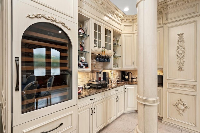 35 Jeffrey Pl, Staten Island, NY 10307 - indoor bar featuring decorative columns, beverage cooler, tasteful backsplash, and light tile patterned flooring