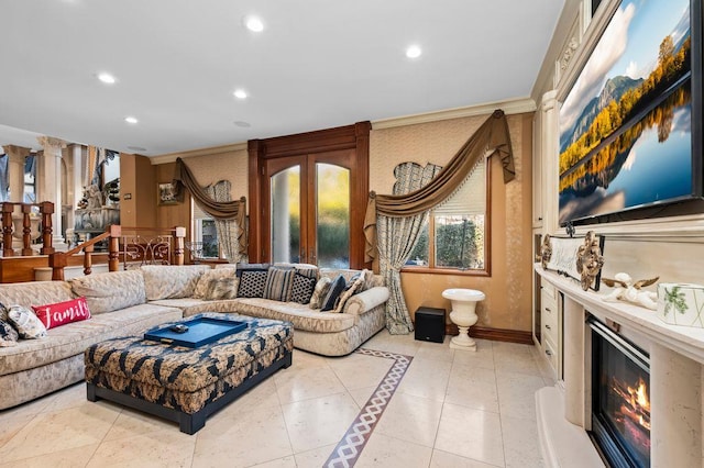 35 Jeffrey Pl, Staten Island, NY 10307 - living room with a glass covered fireplace, french doors, recessed lighting, light tile patterned flooring, and crown molding